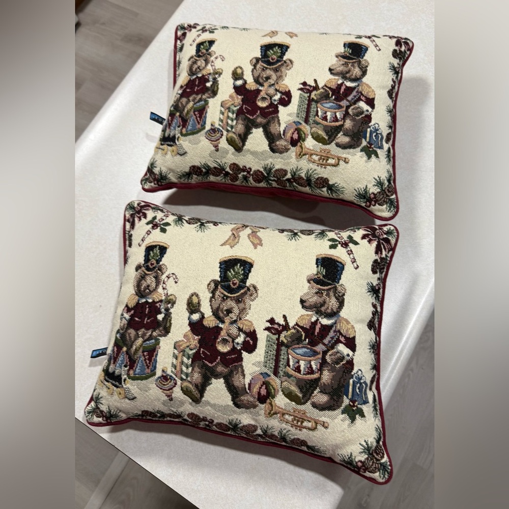 Dakotah Christmas Pillow Tapestry Bear Toy Soldiers Drummers Accent- Set of Two